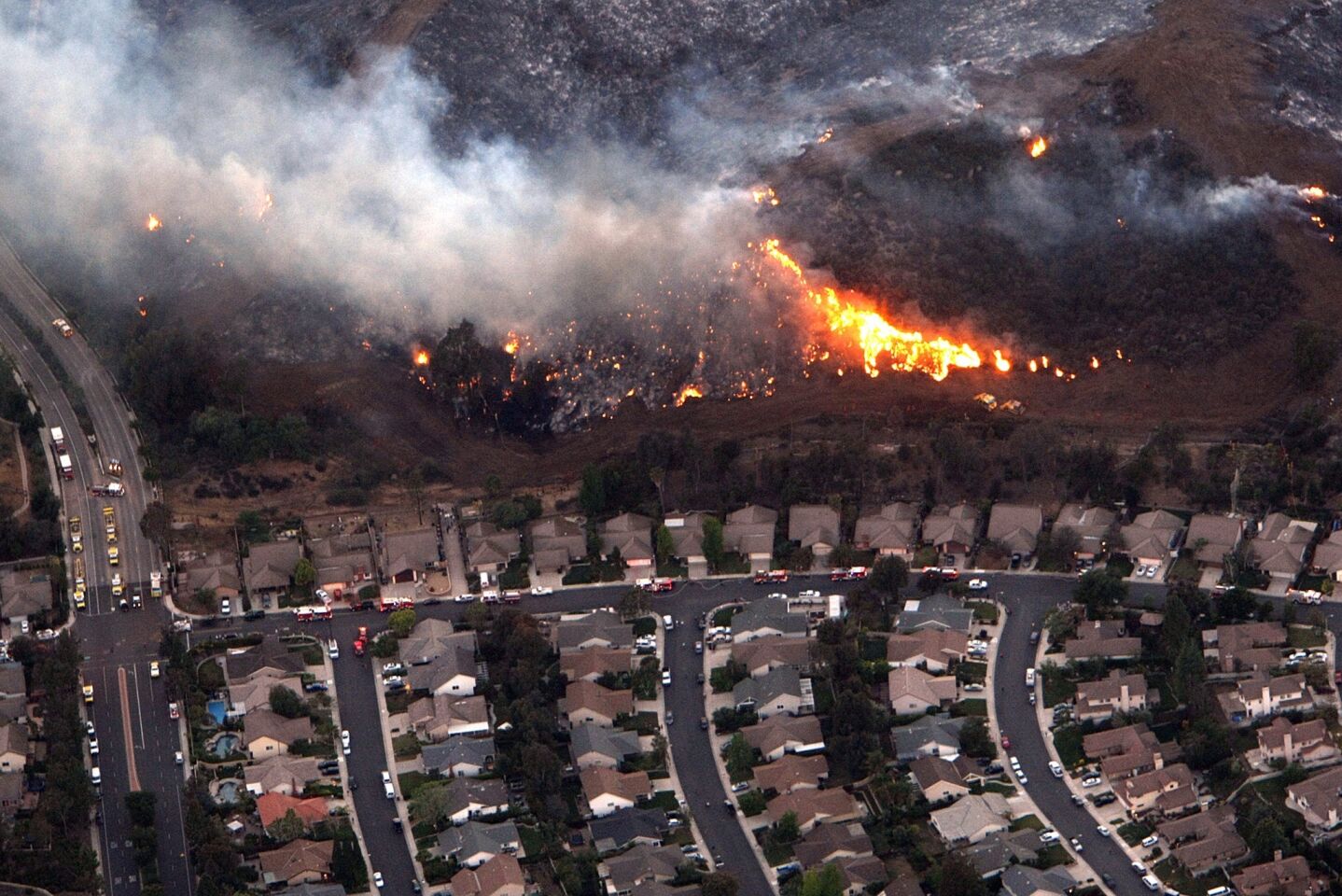 An aerial view of the Springs fire as it burns at Borchard Road.