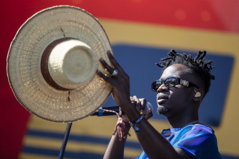 INDIO, CALIF. -- SATURDAY, APRIL 13, 2019: Mr Eazi on stage at the Coachella Valley Music and Arts Festival on the Empire Polo Club grounds in Indio, Calif., on April 13, 2019. (Brian van der Brug / Los Angeles Times)