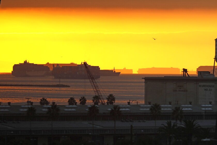 Cargo ships are backed up waiting to unload in the ports of Los Angeles and Long Beach.