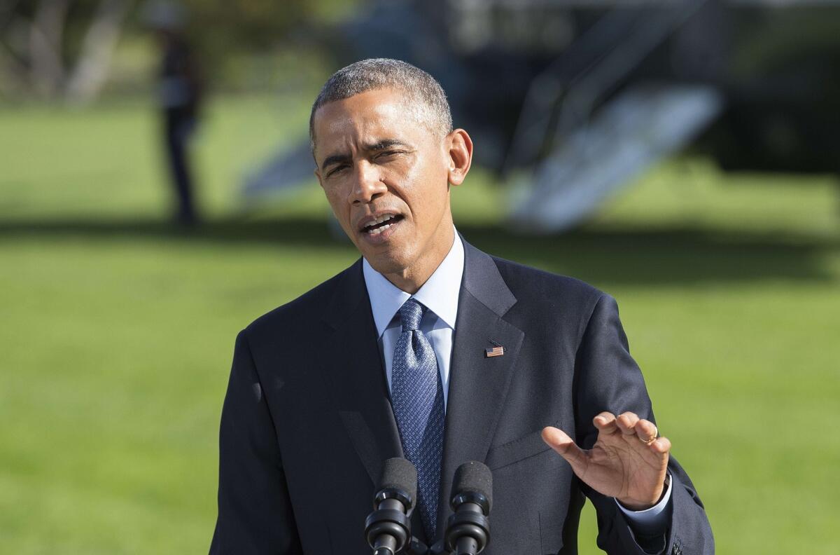 President Obama speaks about his administration's response to the Ebola crisis before departing the White House in Washington on Oct. 28.