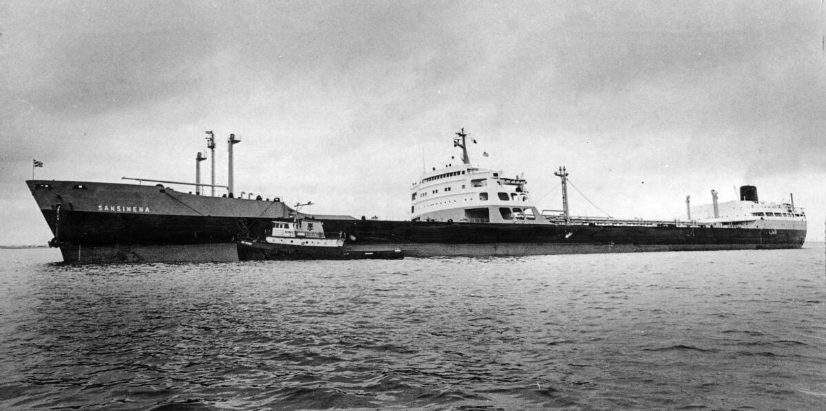 Feb. 13, 1975: The 810-foot Sansinena ran aground in Los Angeles Harbor the year before the explosion.