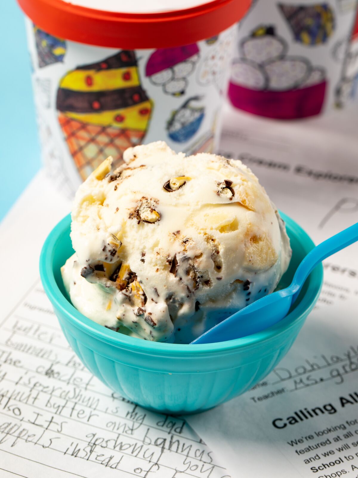 Yan-chan Swirl, one of five featured flavors created by fourth-graders at Washington Elementary School in Little Italy, for the gourmet ice cream chain Salt & Straw. This flavor is made with Japanese-made Pocky cookie sticks.