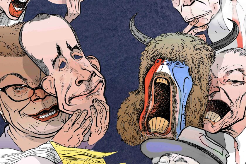 Caricature illustration of politicians wearing Halloween-style masks