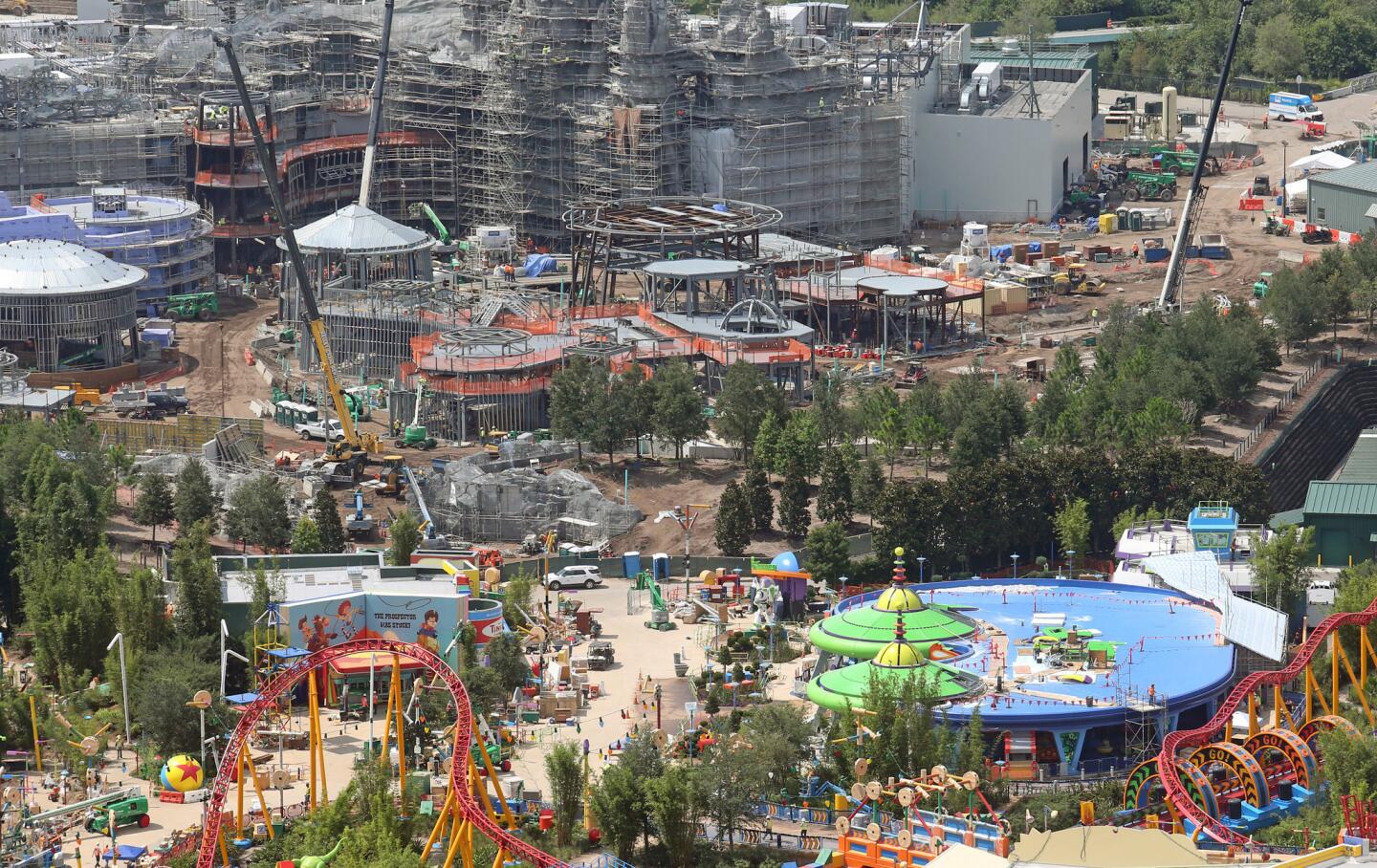 An aerial view of construction Tuesday, June 5, 2018 at Toy Story Land, foreground, and Galaxy's Edge an upcoming Star Wars-themed area both being developed at Disney's Hollywood Studios at Walt Disney World in Orlando, Florida.(Red Huber/Staff Photographer)