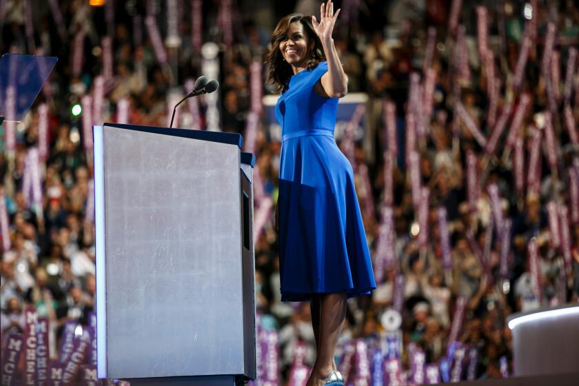 For her Democratic National Convention speech in Philadelphia on July 25, First Lady Michelle Obama chose a cobalt blue custom-made dress by Christian Siriano.