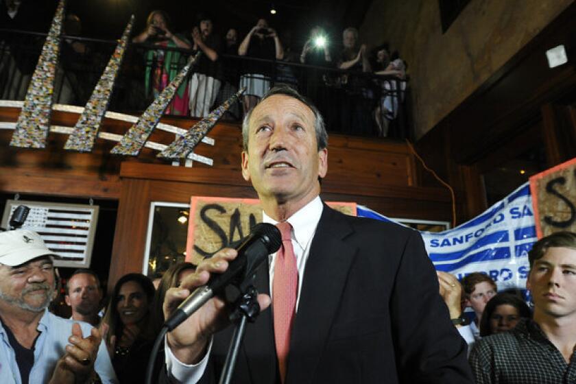 Mark Sanford gives his victory speech after wining back his old congressional seat in South Carolina on Tuesday.