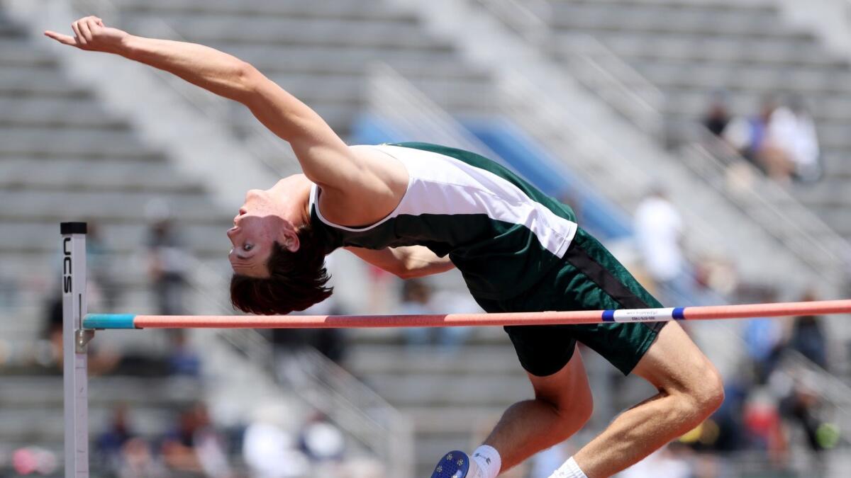 Edison High's Aiden Garnett competes in the boys' high jump at the CIF Southern Section Masters Meet at El Camino College in Torrance on May 26.