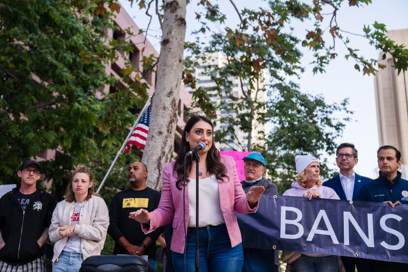 U.S. representative for California's 53rd congressional district, Sara Jacobs speaks at a rally in front of the San Diego Federal Courthouse on May 3, 2022, against the leaked Supreme Court draft decision that Roe v. Wade will be overturned.