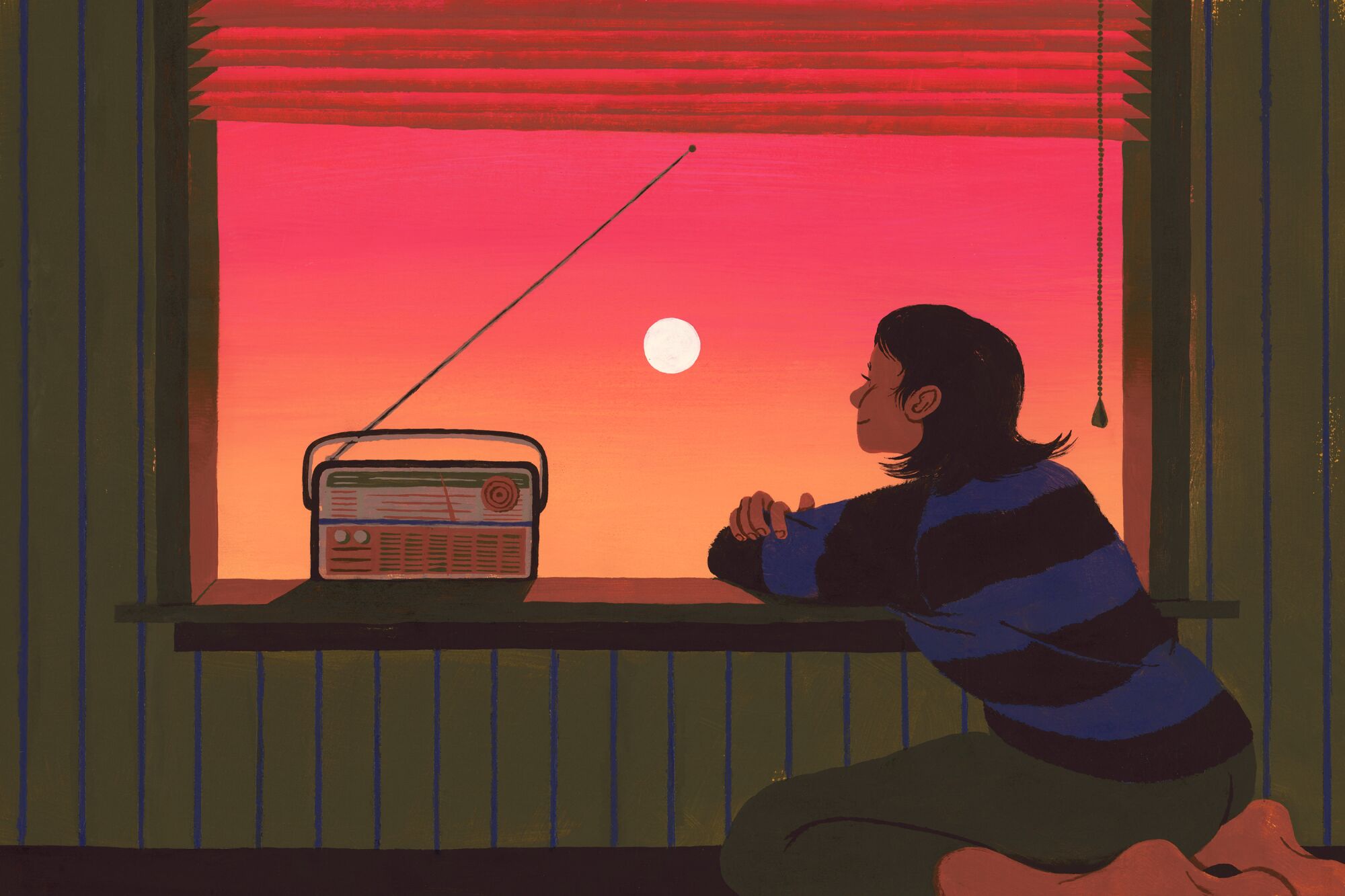 A painting of a woman staring out of the window during sunset. A radio sits on the windowsill.