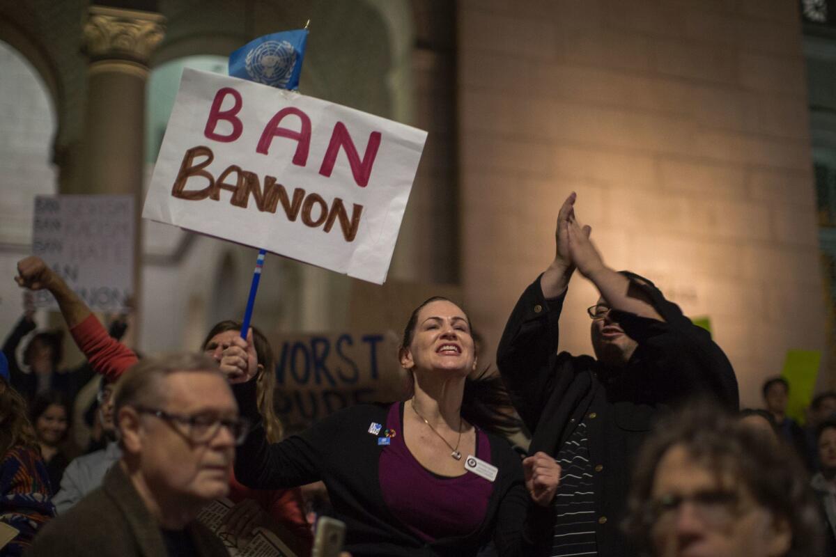 People protest the appointment of alt-right media mogul Steve Bannon to be White House chief strategist in Los Angeles on Nov. 16.
