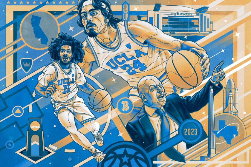 Illustration of two players wearing UCLA jerseys dribbling basketballs. And a coach wearing a suit gesturing with his finger.