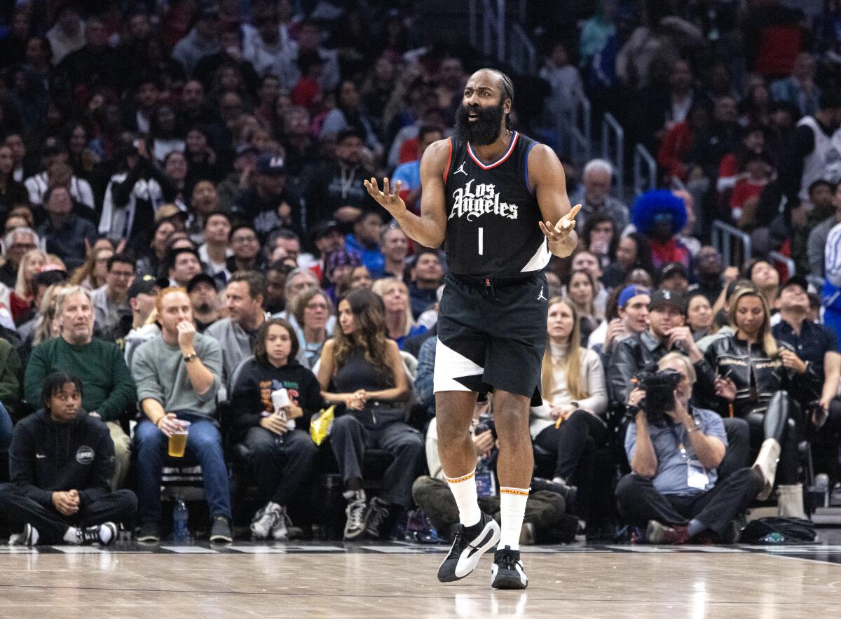 James Harden looks to the ref for a foul call in the first half.