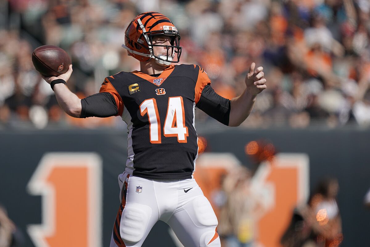 Bengals quarterback Andy Dalton throws during his team's 27-17 loss to Jacksonville on Oct. 20, 2019.