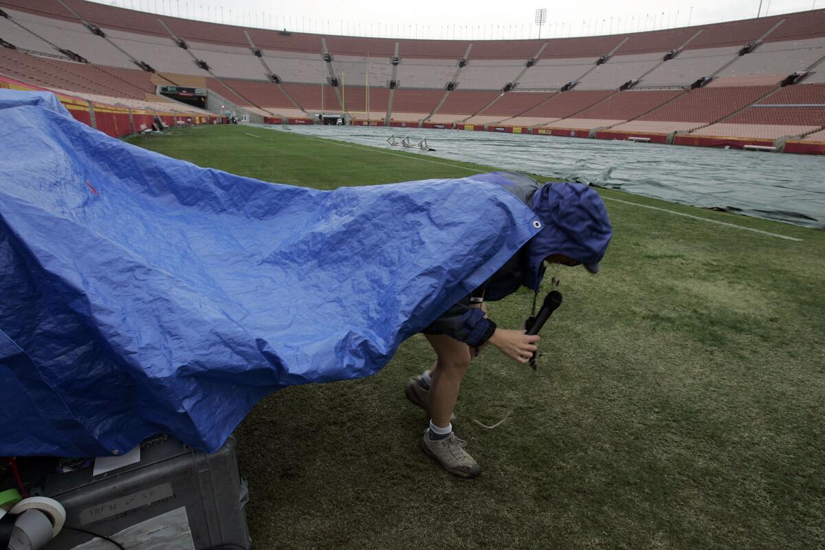 The Los Angeles Memorial Coliseum is prepared before a game in 2005.