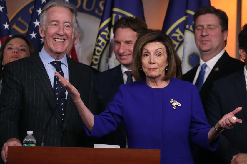 WASHINGTON, DC - DECEMBER 10: U.S. House Speaker Nancy Pelosi (D-CA) and Ways and Means Committee Chairman Richard E. Neal (D-MA) (L), speak during a news conference on the USMCA trade agreement, on Capitol Hill December 10, 2019 in Washington, DC. Pelosi said an agreement has been reached on a deal over the U.S.-Mexico-Canada, but final details for the trade pact were still being ironed out. (Photo by Mark Wilson/Getty Images) ** OUTS - ELSENT, FPG, CM - OUTS * NM, PH, VA if sourced by CT, LA or MoD **