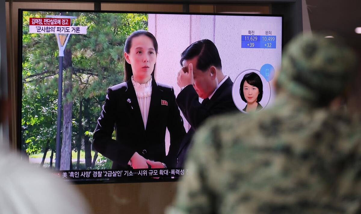 A man in Seoul watches a TV screen June 4 showing Kim Yo Jong, sister of North Korea's leader, Kim Jong Un.