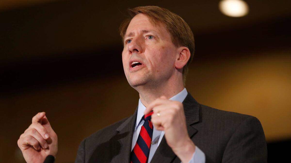 Former CFPB chief Richard Cordray speaks to his supporters after securing the Democratic nomination for governor of Ohio during a primary-night event on May 8, 2018, in Columbus.