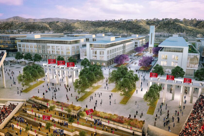 A rendering of the SDSU Mission Valley campus, which includes a so-called Innovation District where tech companies might commingle with university researchers.