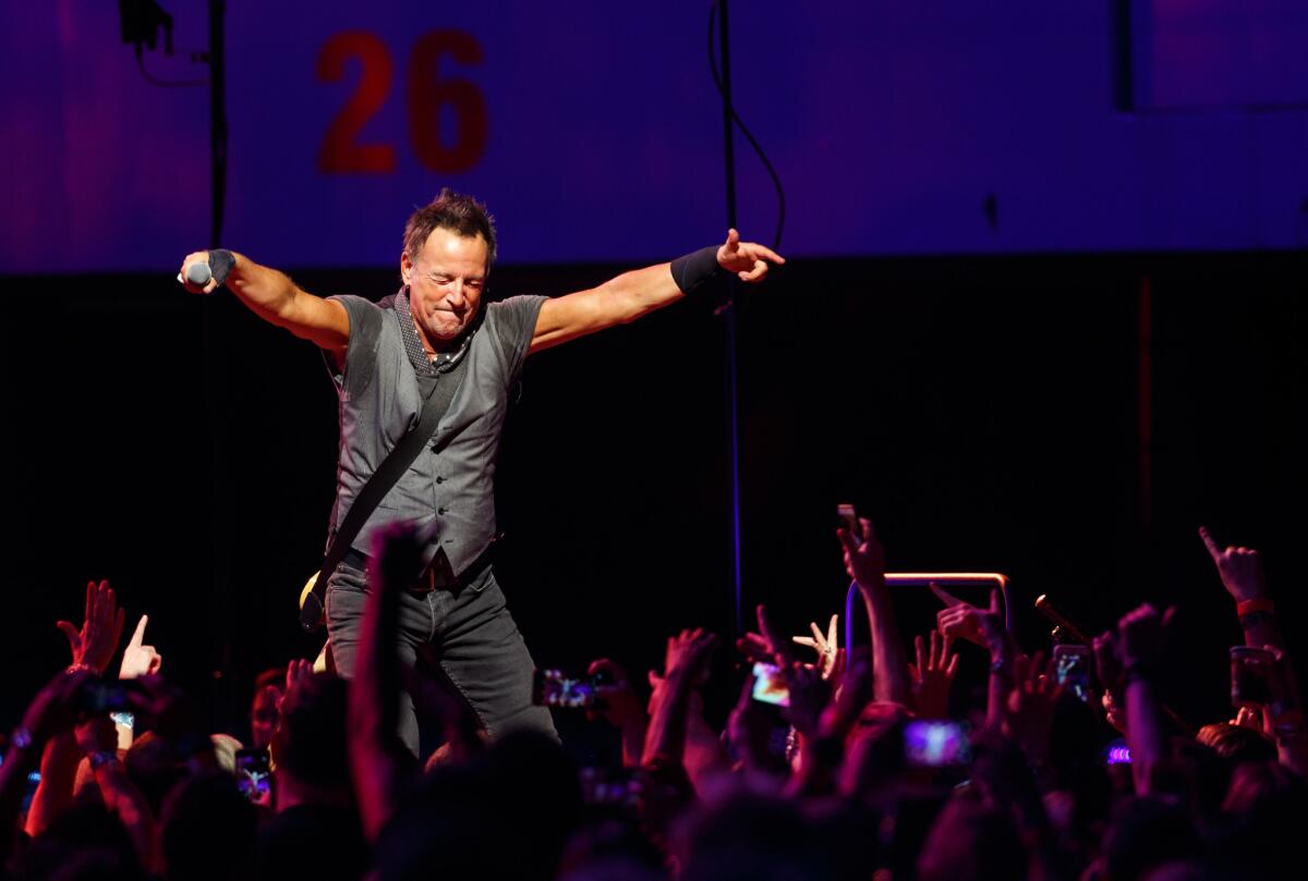 Bruce Springsteen & the E Street Band perform a grand finale at the Los Angeles Sports Arena. Springsteen cancelled a North Carolian show in protest of its recent anti-LGBTQ law.