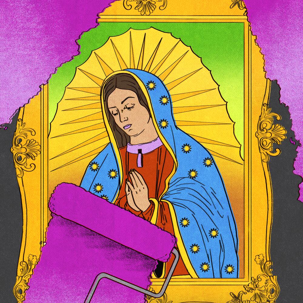 A drawing of la Virgen de Guatalupe being painted over.