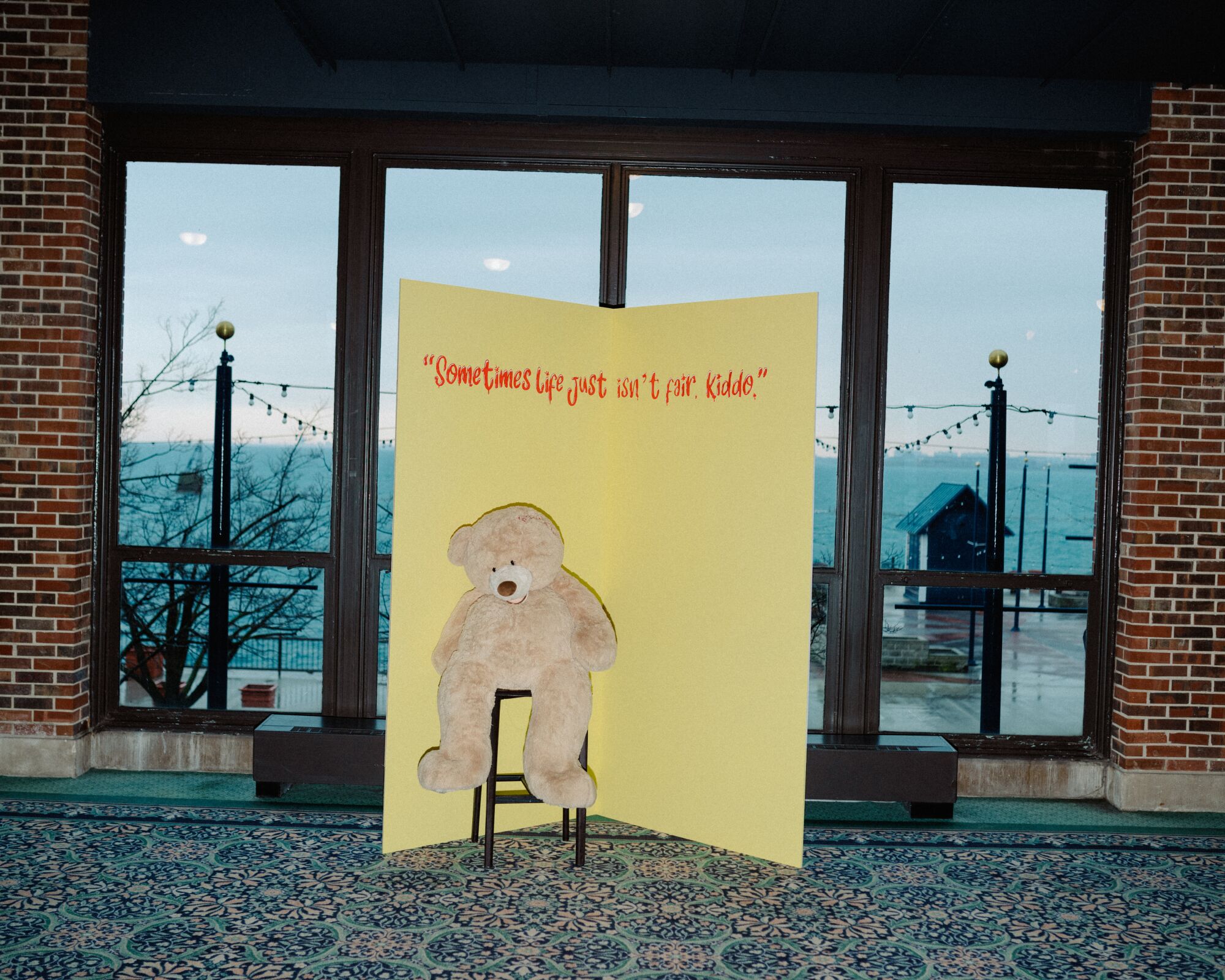 A photo op with a "Golden Girls" quote and a giant teddy bear.