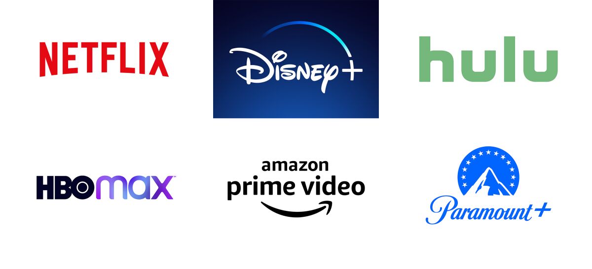 This combination of photos shows logos for popular streaming services, top row from left, Netflix, Disney+, Hulu, bottom row from left, HBO Max, Amazon Prime Video and Paramount+. Nearly 75 percent of U.S. households had a video streaming subscription as of the second quarter of this year. While a third have one service, research shows the average number is 3.8. (Netflix/Disney+/Hulu/HBO Max/Amazon/Paramount+ via AP)