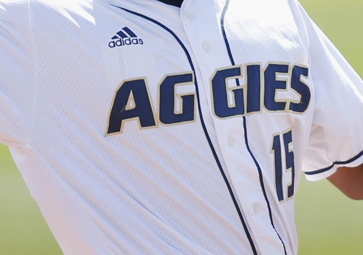 Close-up shot of a UC Davis baseball jersey