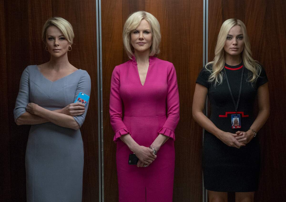 Charlize Theron, Nicole Kidman and Margot Robbie in the brief but memorable elevator scene from "Bombshell."