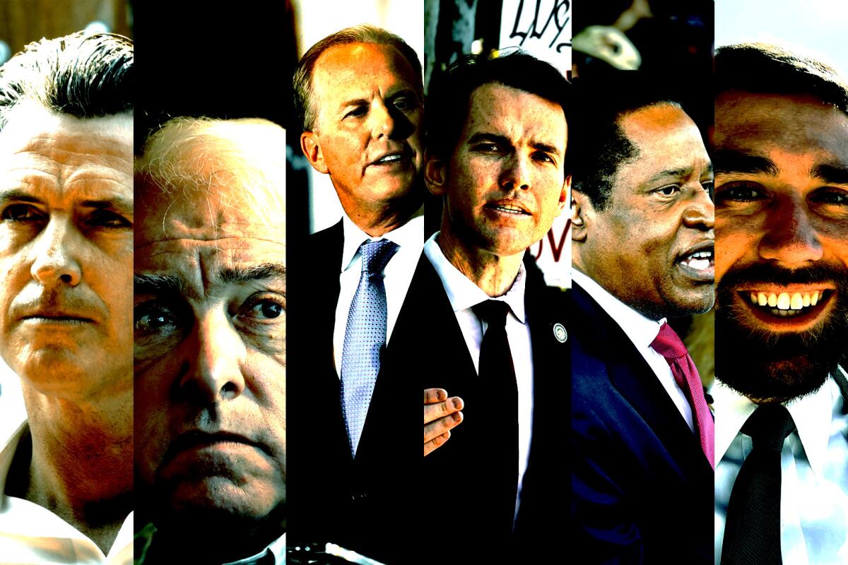 A combination photo of Gov. Newsom and five recall replacement candidates