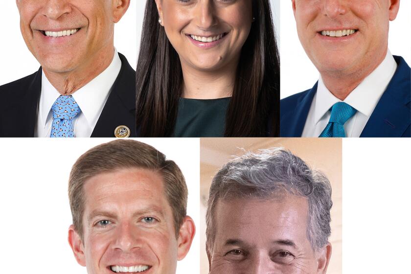 Clockwise from top left, Reps. Darrell Issa, Sara Jacobs, Scott Peters, Juan Vargas and Mike Levin.