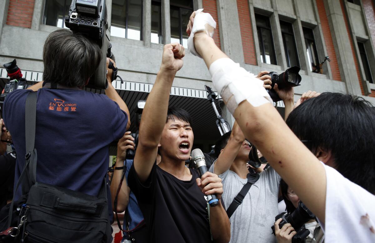 Student protesters occupy the area inside the gates of the Ministry of Education in Taipei, Taiwan, on July 31.