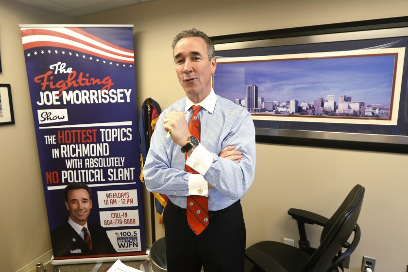 FILE - Virginia State Sen. Joe Morrissey, D-Richmond, speaks during an interview in his office on March 5, 2020, at the Capitol in Richmond, Va. Virginia's outgoing Democratic governor has pardoned Morrissey, a Democratic state senator who was jailed after a sex scandal that involved a 17-year-old receptionist who later became his wife. (AP Photo/Steve Helber, File)