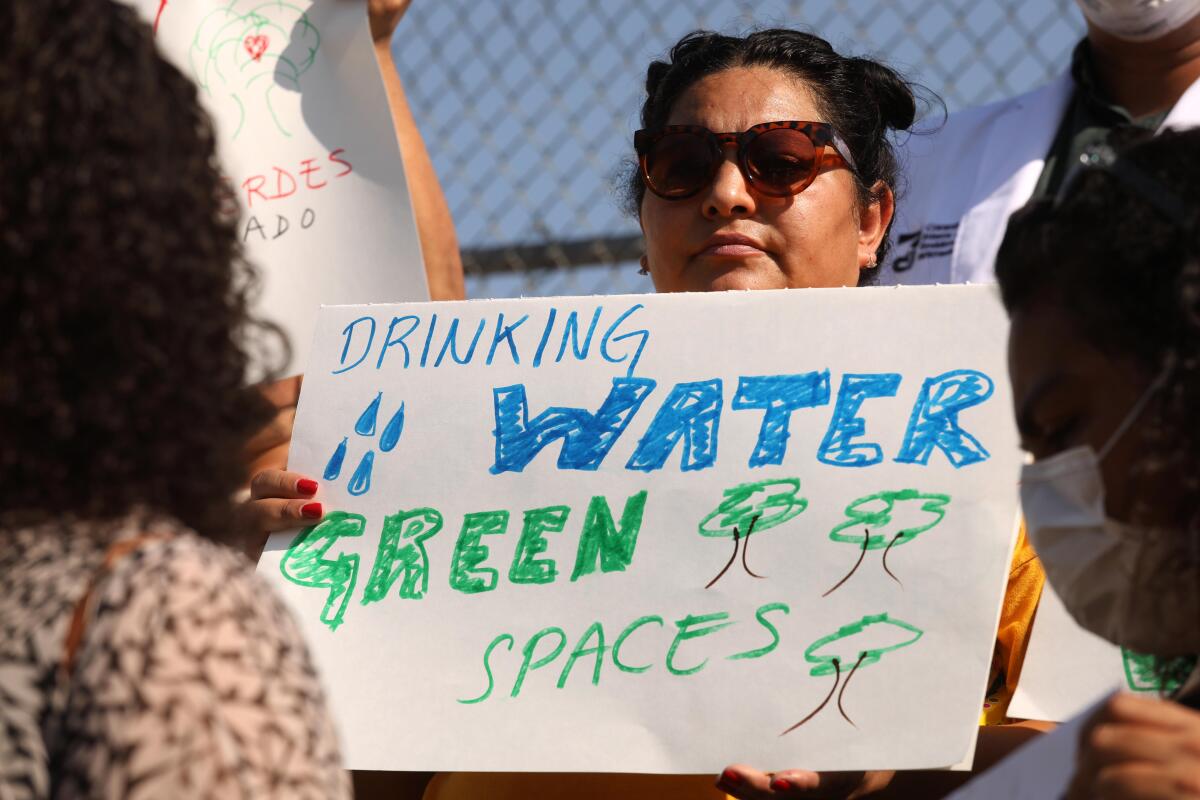 A woman holds a sign reading "Drinking water, green spaces." 