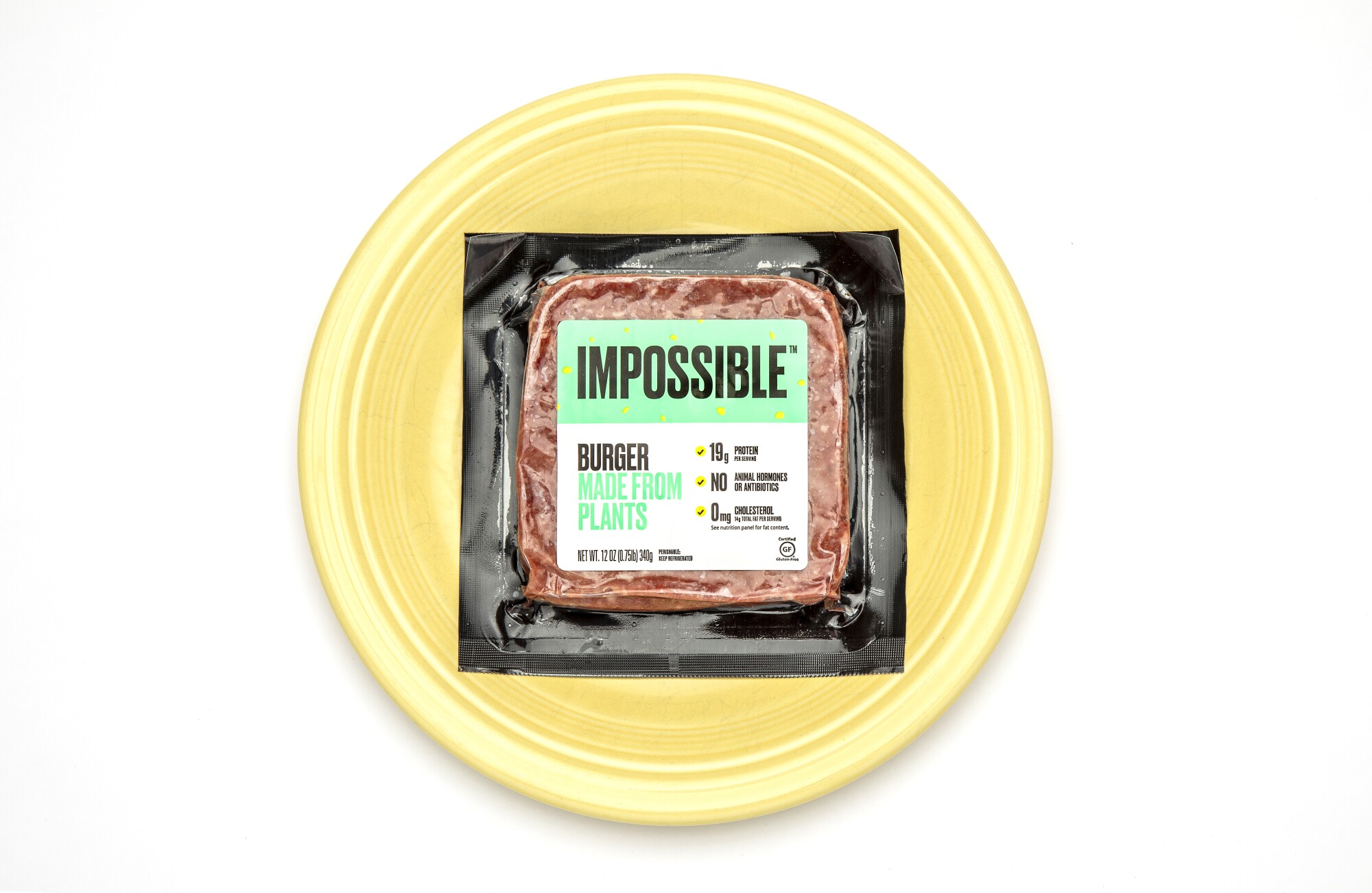 A pack of raw meat with the label reading "Impossible"