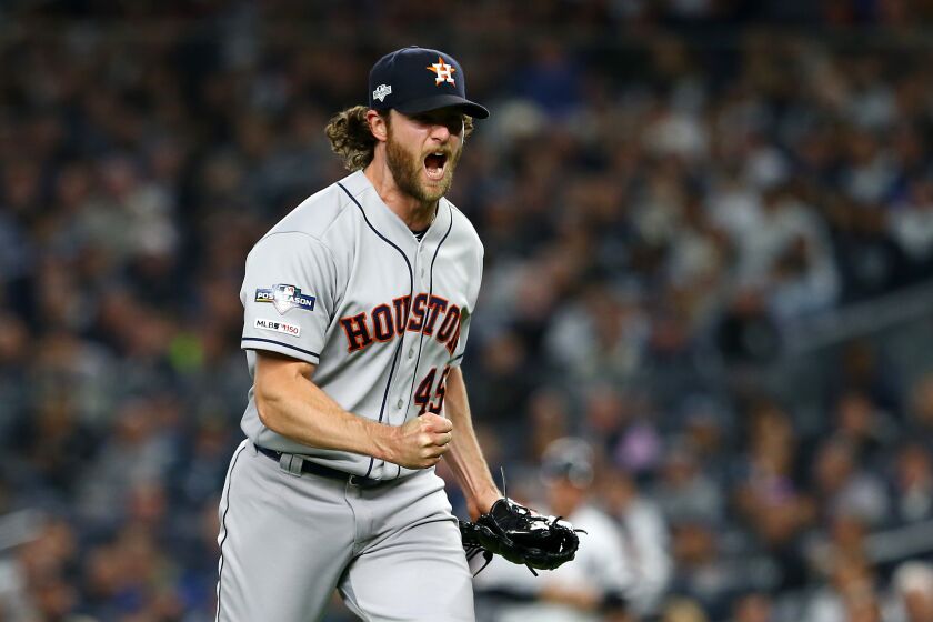 NEW YORK, NEW YORK - OCTOBER 15: Gerrit Cole #45 of the Houston Astros celebrates retiring the side during the sixth inning against the New York Yankees in game three of the American League Championship Series at Yankee Stadium on October 15, 2019 in New York City. (Photo by Mike Stobe/Getty Images) ** OUTS - ELSENT, FPG, CM - OUTS * NM, PH, VA if sourced by CT, LA or MoD **