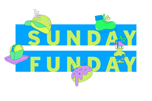 Sunday Funday information box logo with spot illustrations in blue, yellow and green.