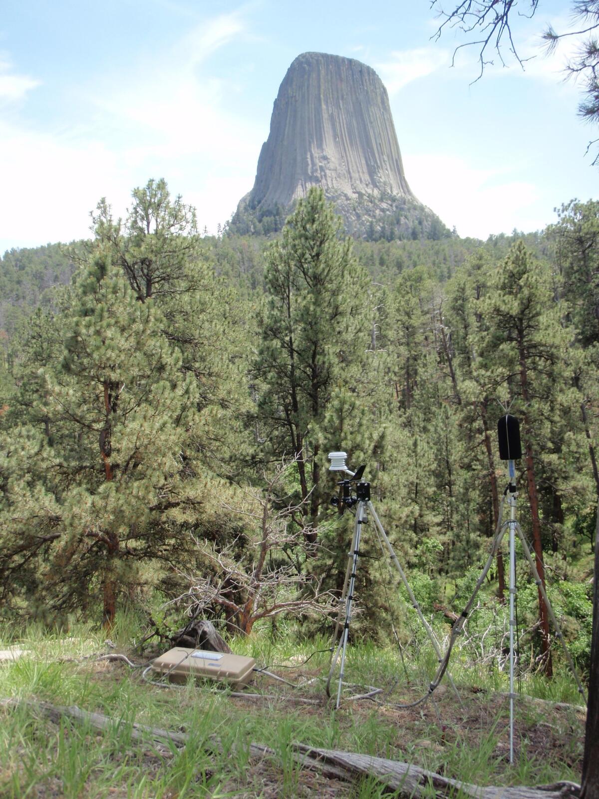 An acoustic recording station captures sound levels in Devils Tower National Monument in Wyoming.