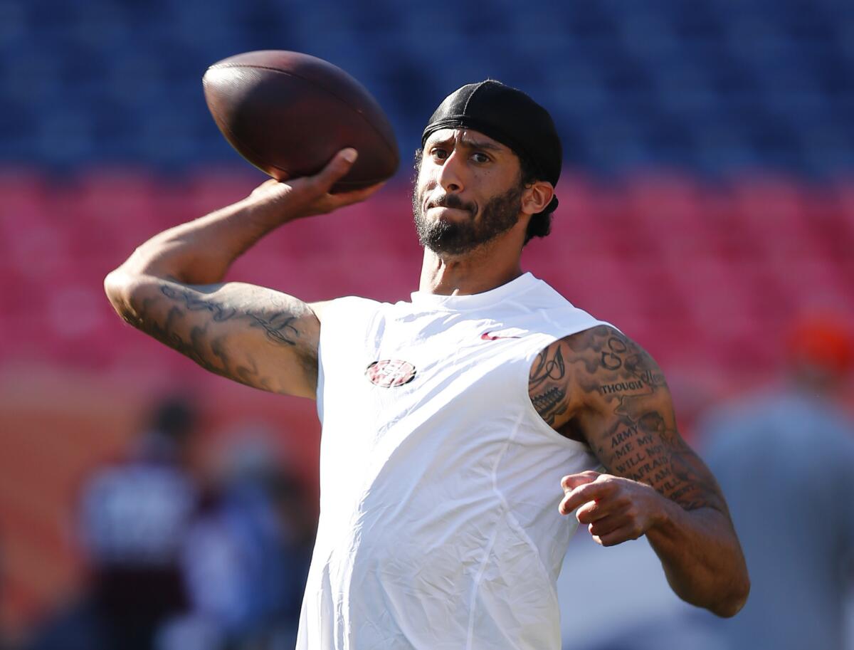 San Francisco's Colin Kaepernick warms up before a game against Denver on Aug. 20.