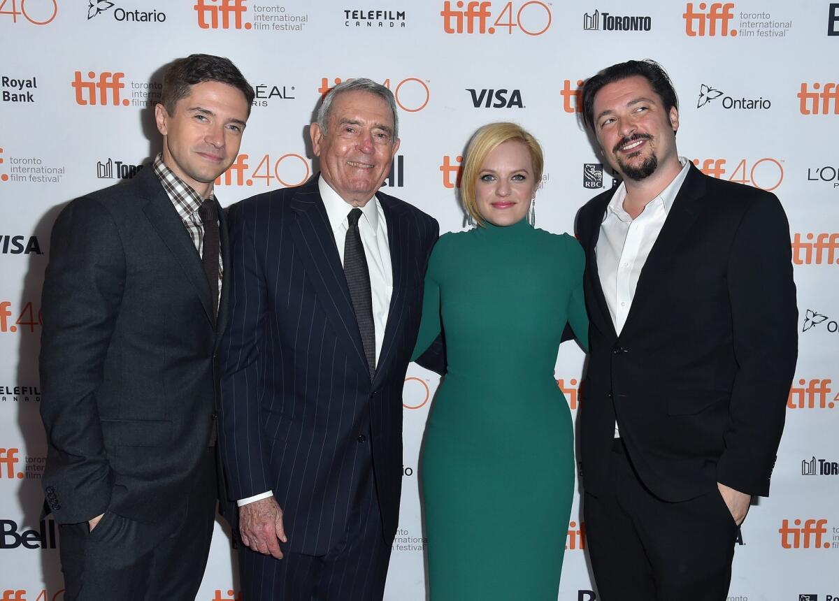 Actor Topher Grace, left, former CBS News anchor Dan Rather, actress Elisabeth Moss and writer-director James Vanderbilt attend the "Truth" premiere Saturday during the 2015 Toronto International Film Festival.
