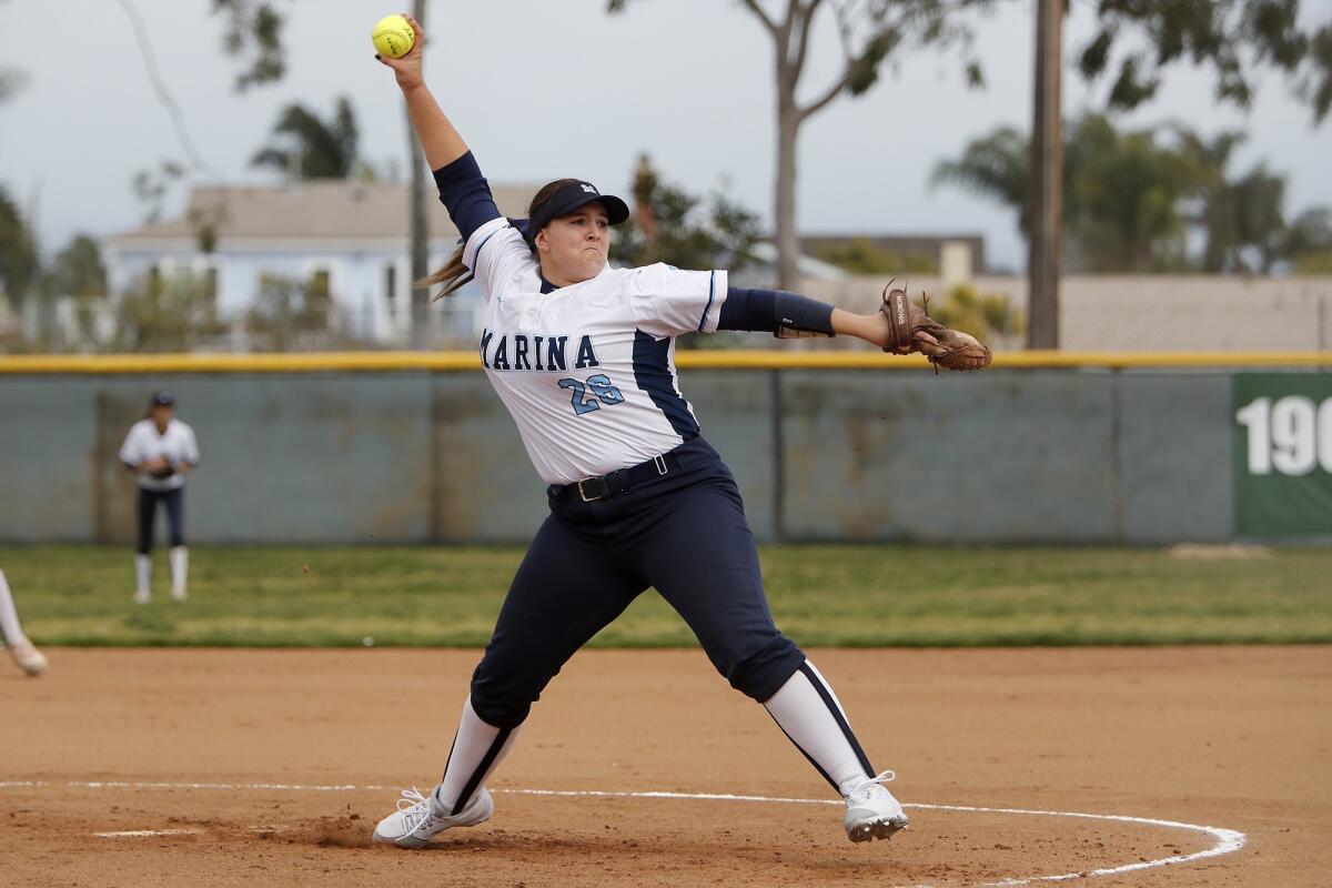 Marina High starter Emily Rush throws in the first inning of a Surf League game at Edison on Tuesday.