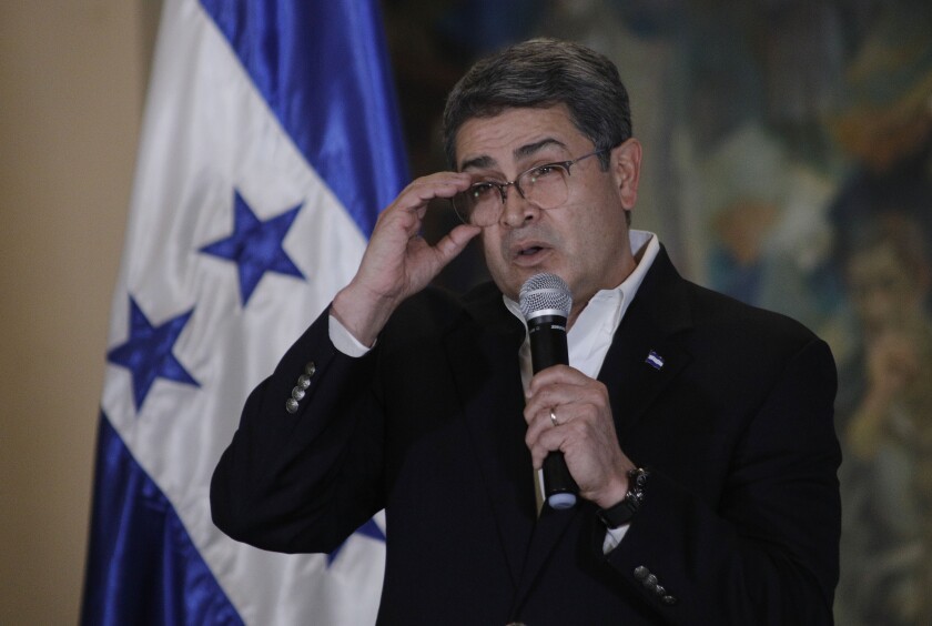 FILE - Honduran President Juan Orlando Hernandez speaks during a press conference at the Presidential House in Tegucigalpa, Honduras, March 24, 2021. A court in Honduras authorized prosecutors Friday, April 1, 2022, to seize properties, bank accounts and vehicles linked to Hernandez. (AP Photo/Elmer Martinez, File)