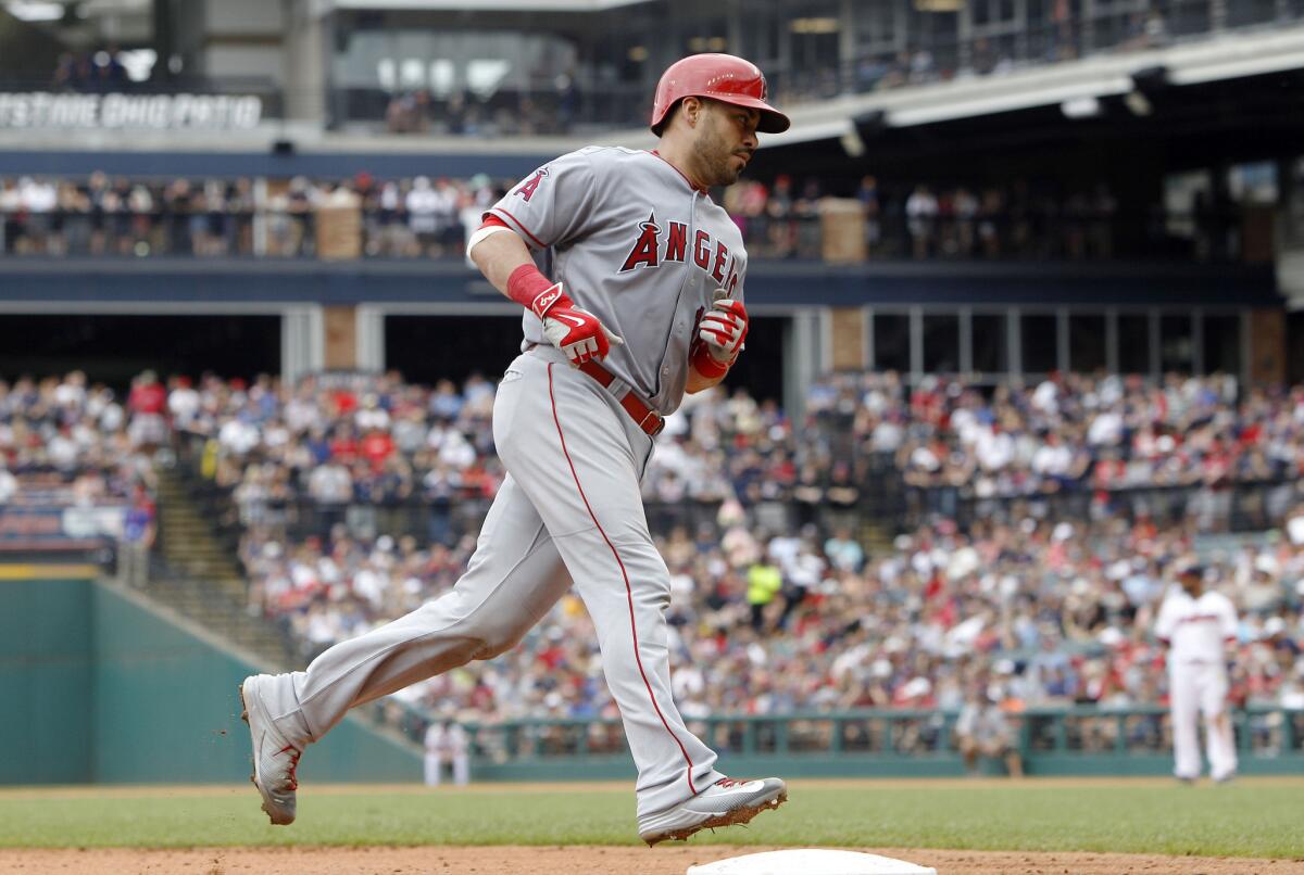 Angels catcher Geovany Soto rounds the bases after hitting a home run against Cleveland on Aug. 14.