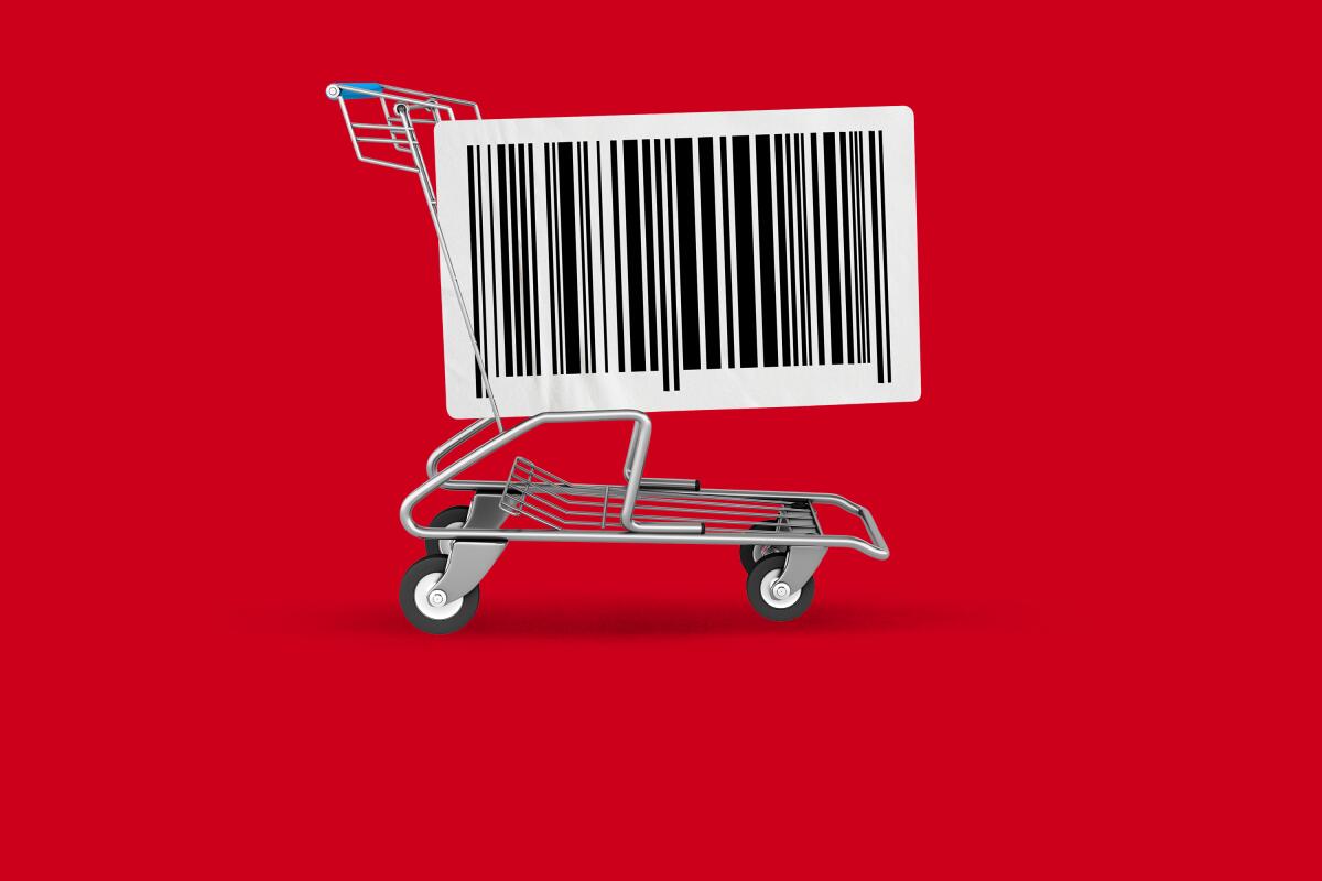 Illustration of a grocery cart made out of a barcode on a red background