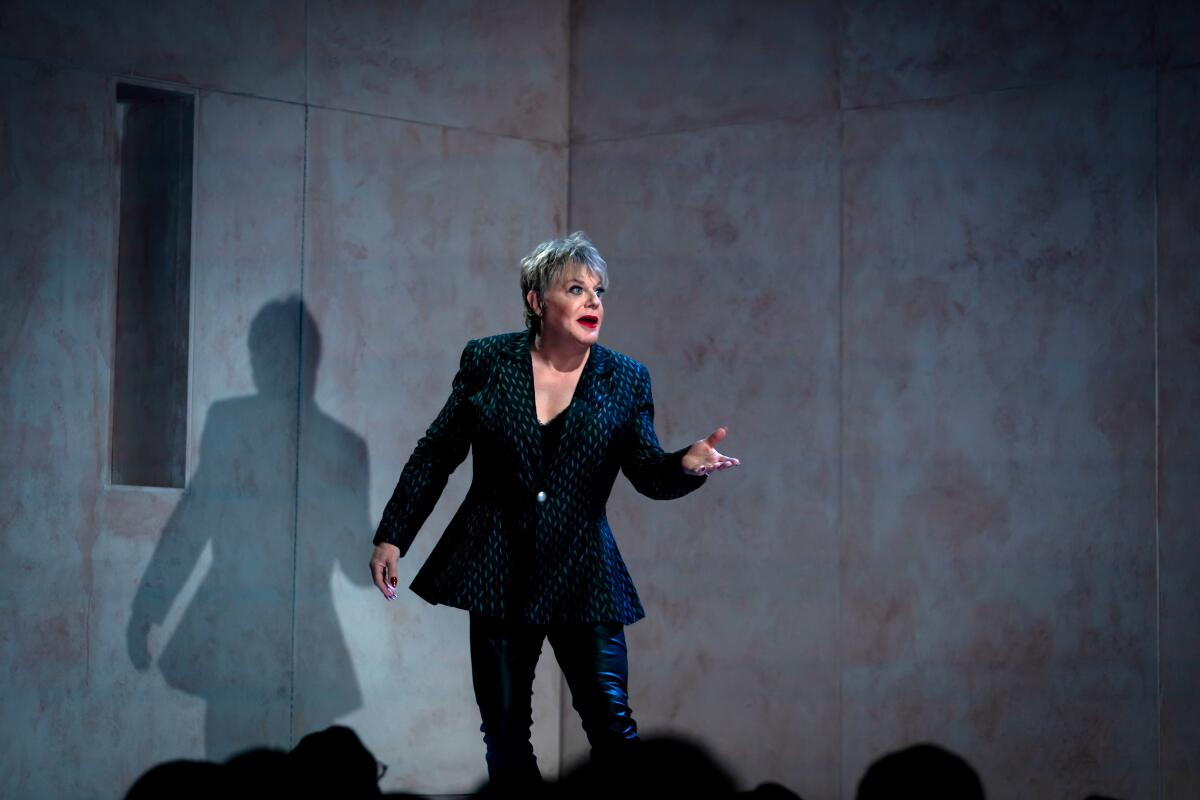 Eddie Izzard performs on stage during a solo production of "Hamlet"