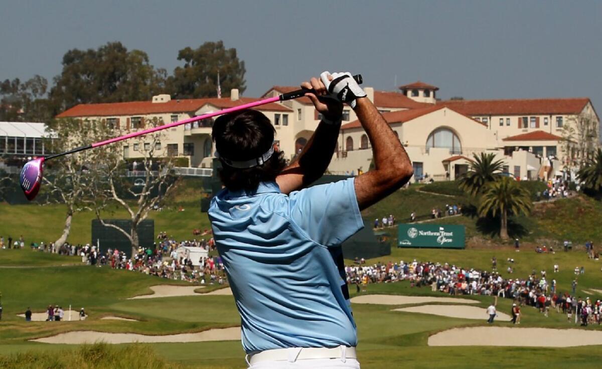 Bubba Watson tees off on the ninth hole during the 2014 Northern Trust Open at the Riviera Country Club on Feb. 16, 2014.