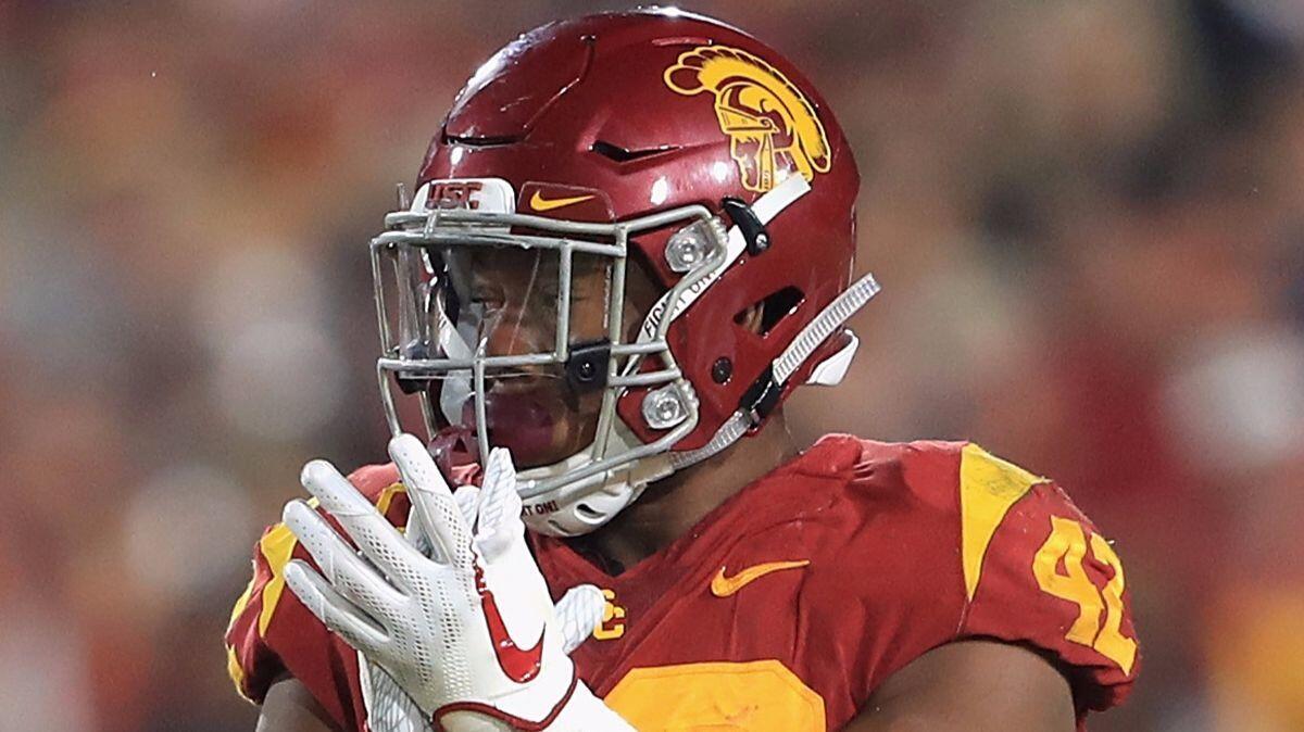 USC's Uchenna Nwosu reacts during the second half against Stanford at Los Angeles Memorial Coliseum on Saturday.