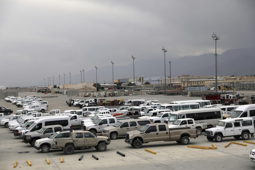 Vehicles are parked at Bagram Airfield in Afghanistan