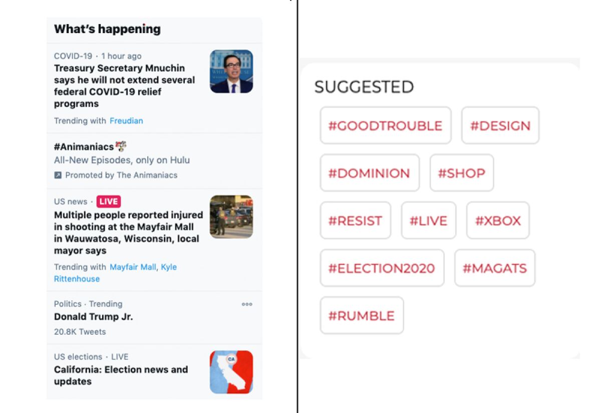 Side-by-side screengrabs show news headlines from Twitter and suggested hashtags from Parler