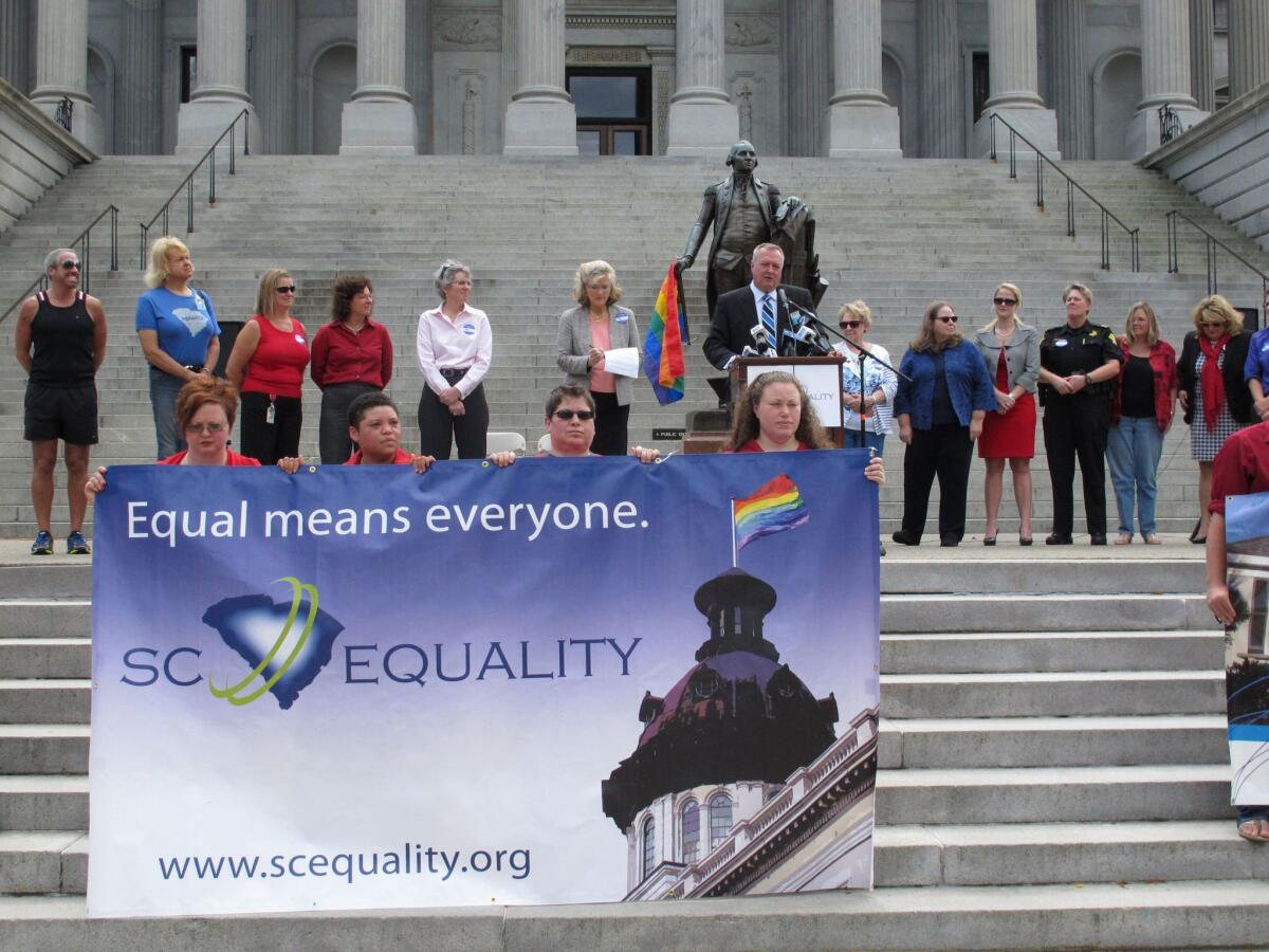South Carolina Equality Board Chairman Jeff Ayers speaks during a rally Oct. 8, 2014, in Columbia.