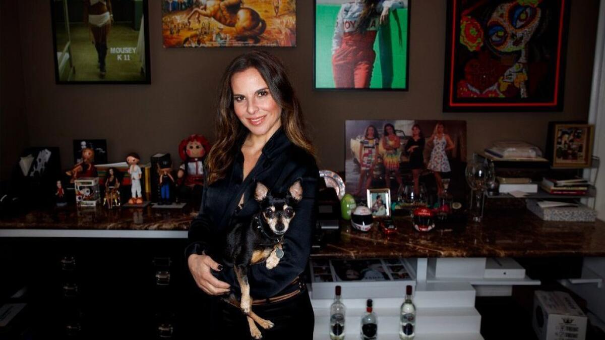 Kate del Castillo in her office with her dog, Lola, at her L.A. home in March.